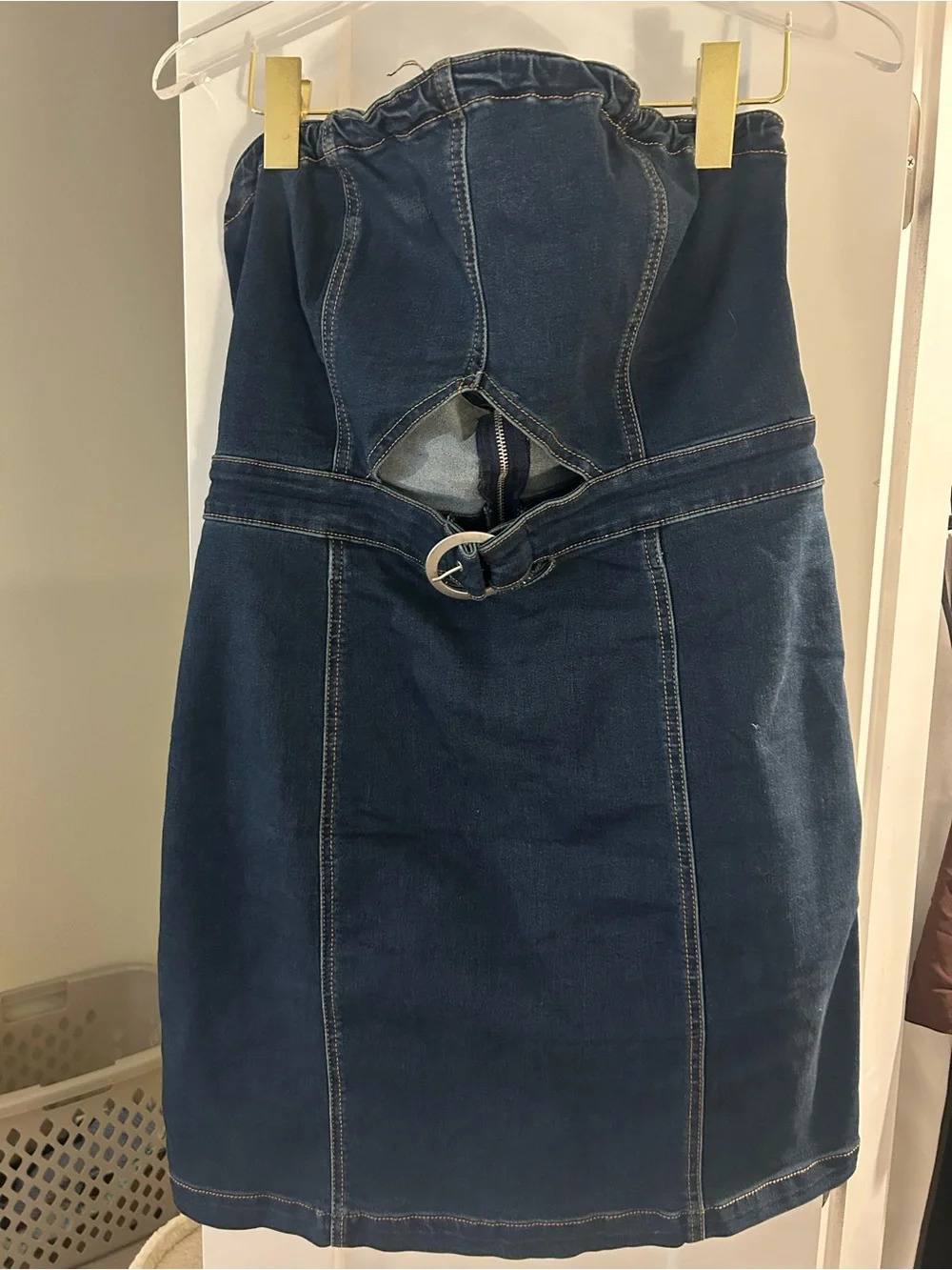 Free People Denim Strapless Belted Mini Dress in Dark Blue